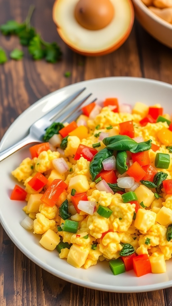 A colorful vegetable egg scramble with bell peppers and spinach on a white plate.